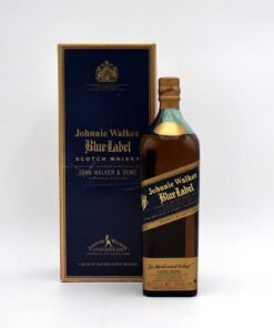 Johnnie Walker Blue Label Scotch Whisky (Older Bottling, 1L) in blue and tan box